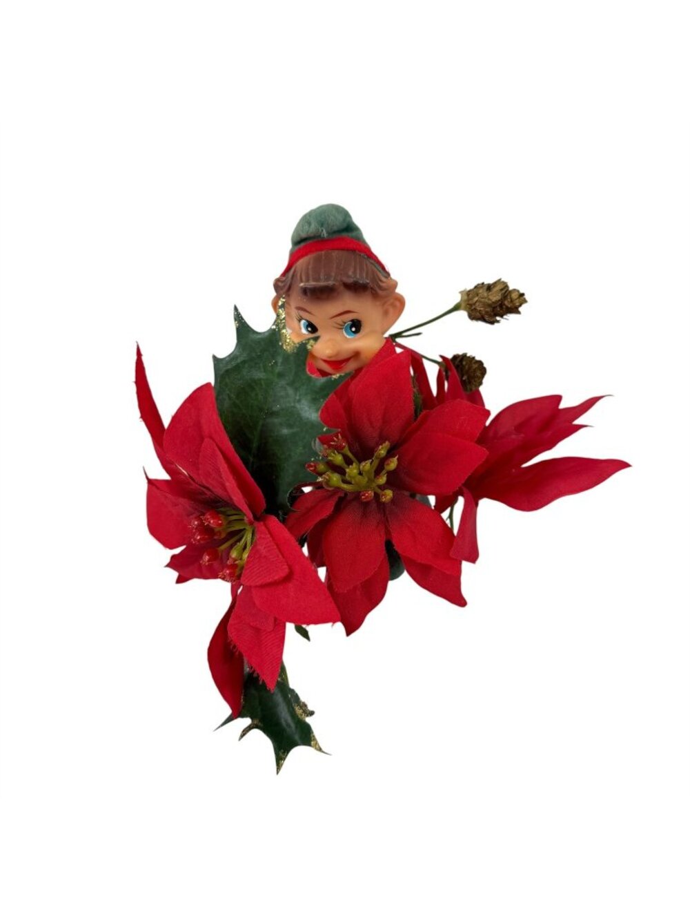 Knee Hugger Pixie Elf Holiday Christmas Decoration Silk Poinsettia Vintage 1960s